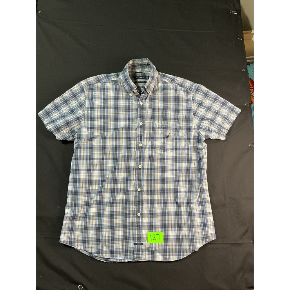 Nautica Mens Sanded Poplin Short Sleeve Plaid Button Down Shirt Blue Large
